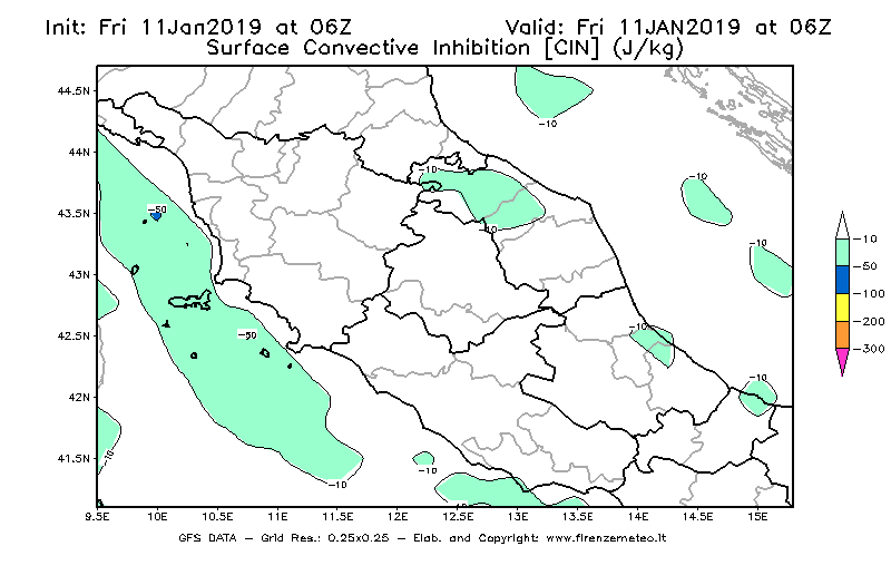 Mappa di analisi GFS - CIN [J/kg] in Centro-Italia
							del 11/01/2019 06 <!--googleoff: index-->UTC<!--googleon: index-->
