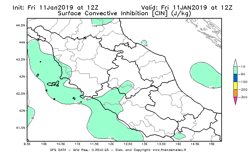 Mappa di analisi GFS - CIN [J/kg] in Centro-Italia
									del 11/01/2019 12 <!--googleoff: index-->UTC<!--googleon: index-->