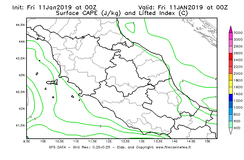 Mappa di analisi GFS - CAPE [J/kg] e Lifted Index [°C] in Centro-Italia
							del 11/01/2019 00 <!--googleoff: index-->UTC<!--googleon: index-->