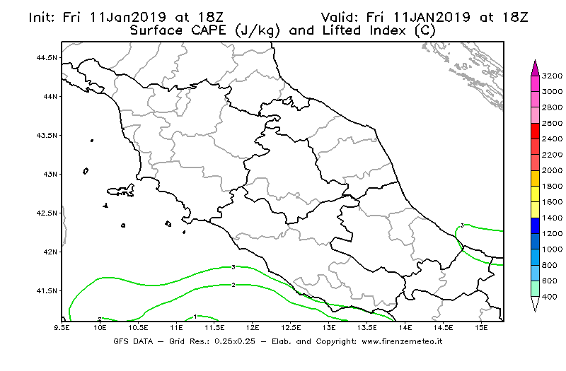 Mappa di analisi GFS - CAPE [J/kg] e Lifted Index [°C] in Centro-Italia
									del 11/01/2019 18 <!--googleoff: index-->UTC<!--googleon: index-->