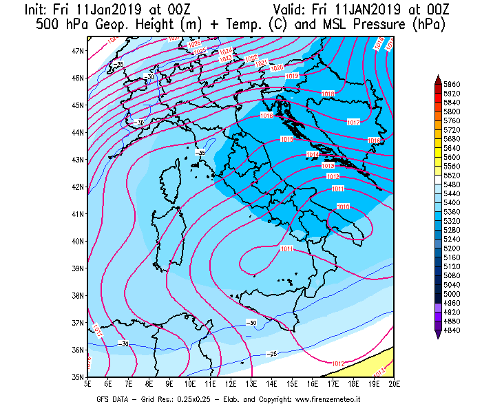 Mappa di analisi GFS - Geopotenziale [m] + Temp. [°C] a 500 hPa + Press. a livello del mare [hPa] in Italia
									del 11/01/2019 00 <!--googleoff: index-->UTC<!--googleon: index-->