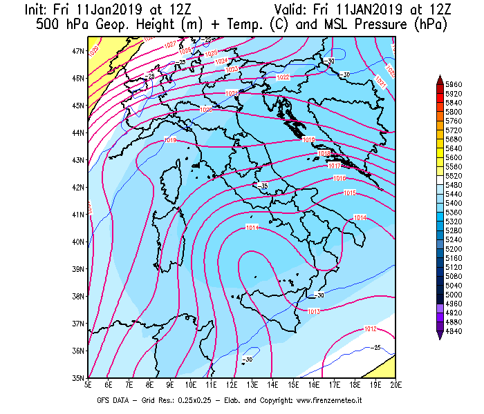 Mappa di analisi GFS - Geopotenziale [m] + Temp. [°C] a 500 hPa + Press. a livello del mare [hPa] in Italia
									del 11/01/2019 12 <!--googleoff: index-->UTC<!--googleon: index-->