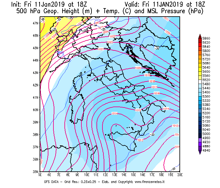Mappa di analisi GFS - Geopotenziale [m] + Temp. [°C] a 500 hPa + Press. a livello del mare [hPa] in Italia
									del 11/01/2019 18 <!--googleoff: index-->UTC<!--googleon: index-->
