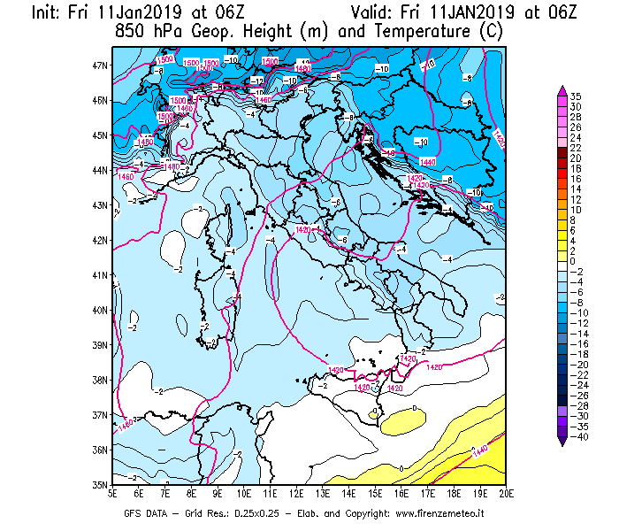 Mappa di analisi GFS - Geopotenziale [m] e Temperatura [°C] a 850 hPa in Italia
									del 11/01/2019 06 <!--googleoff: index-->UTC<!--googleon: index-->