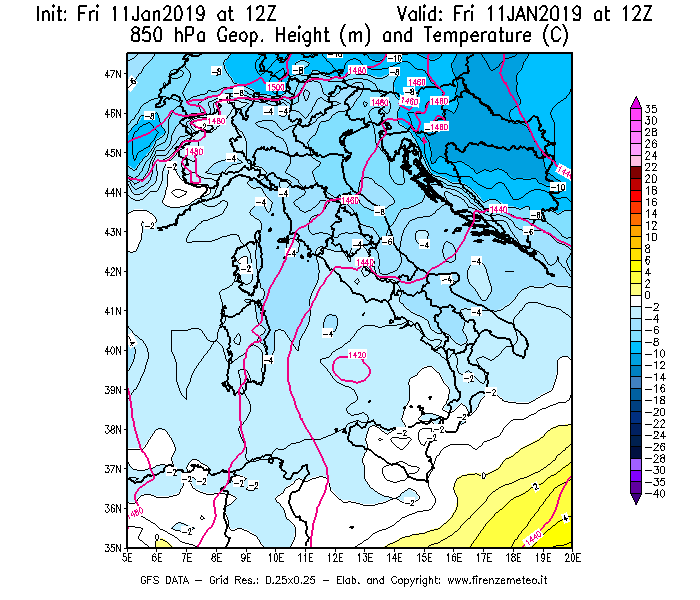 Mappa di analisi GFS - Geopotenziale [m] e Temperatura [°C] a 850 hPa in Italia
							del 11/01/2019 12 <!--googleoff: index-->UTC<!--googleon: index-->