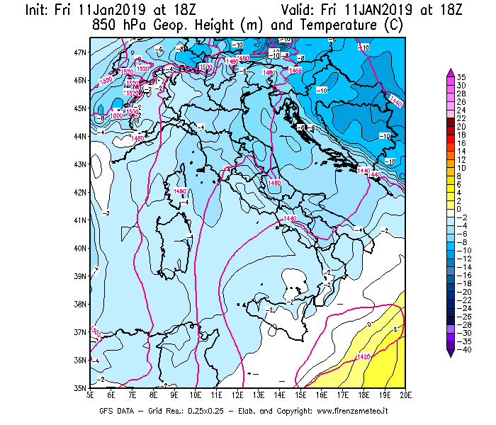 Mappa di analisi GFS - Geopotenziale [m] e Temperatura [°C] a 850 hPa in Italia
							del 11/01/2019 18 <!--googleoff: index-->UTC<!--googleon: index-->