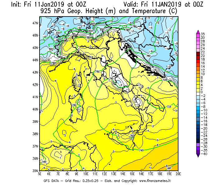 Mappa di analisi GFS - Geopotenziale [m] e Temperatura [°C] a 925 hPa in Italia
									del 11/01/2019 00 <!--googleoff: index-->UTC<!--googleon: index-->