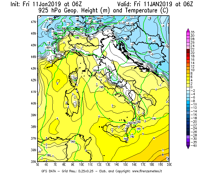 Mappa di analisi GFS - Geopotenziale [m] e Temperatura [°C] a 925 hPa in Italia
									del 11/01/2019 06 <!--googleoff: index-->UTC<!--googleon: index-->