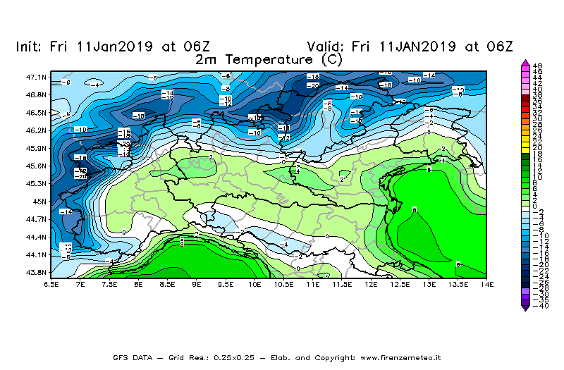 Mappa di analisi GFS - Temperatura a 2 metri dal suolo [°C] in Nord-Italia
									del 11/01/2019 06 <!--googleoff: index-->UTC<!--googleon: index-->