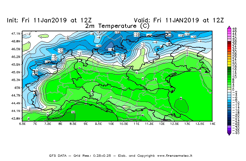 Mappa di analisi GFS - Temperatura a 2 metri dal suolo [°C] in Nord-Italia
							del 11/01/2019 12 <!--googleoff: index-->UTC<!--googleon: index-->