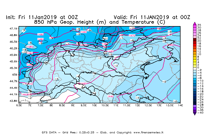Mappa di analisi GFS - Geopotenziale [m] e Temperatura [°C] a 850 hPa in Nord-Italia
							del 11/01/2019 00 <!--googleoff: index-->UTC<!--googleon: index-->