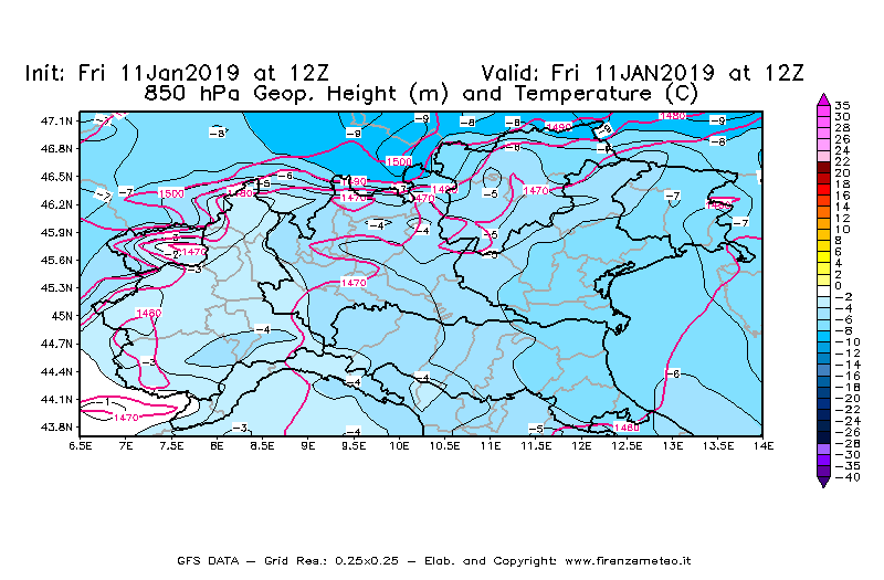 Mappa di analisi GFS - Geopotenziale [m] e Temperatura [°C] a 850 hPa in Nord-Italia
							del 11/01/2019 12 <!--googleoff: index-->UTC<!--googleon: index-->