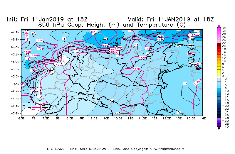 Mappa di analisi GFS - Geopotenziale [m] e Temperatura [°C] a 850 hPa in Nord-Italia
									del 11/01/2019 18 <!--googleoff: index-->UTC<!--googleon: index-->