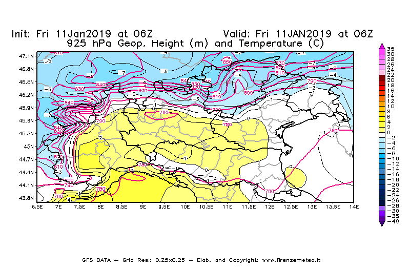 Mappa di analisi GFS - Geopotenziale [m] e Temperatura [°C] a 925 hPa in Nord-Italia
									del 11/01/2019 06 <!--googleoff: index-->UTC<!--googleon: index-->