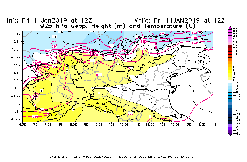 Mappa di analisi GFS - Geopotenziale [m] e Temperatura [°C] a 925 hPa in Nord-Italia
									del 11/01/2019 12 <!--googleoff: index-->UTC<!--googleon: index-->