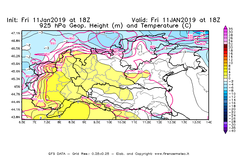 Mappa di analisi GFS - Geopotenziale [m] e Temperatura [°C] a 925 hPa in Nord-Italia
									del 11/01/2019 18 <!--googleoff: index-->UTC<!--googleon: index-->