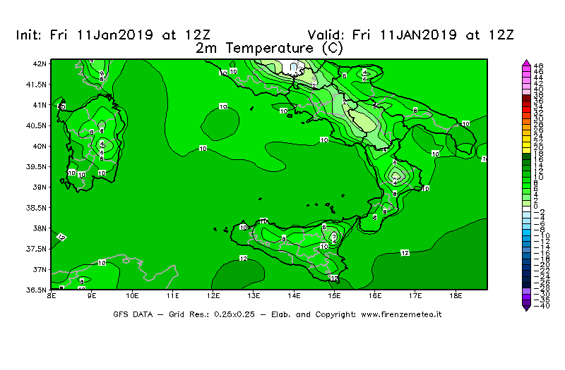 Mappa di analisi GFS - Temperatura a 2 metri dal suolo [°C] in Sud-Italia
									del 11/01/2019 12 <!--googleoff: index-->UTC<!--googleon: index-->