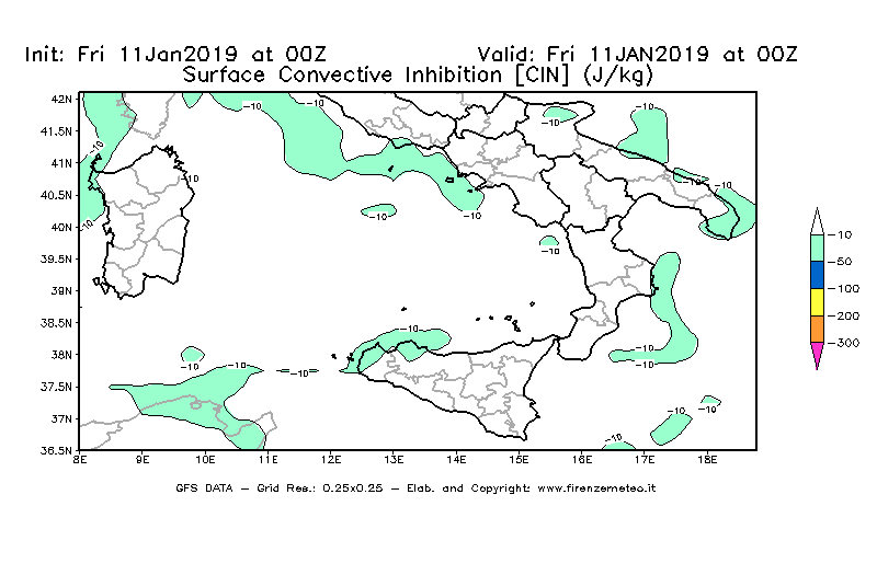 Mappa di analisi GFS - CIN [J/kg] in Sud-Italia
							del 11/01/2019 00 <!--googleoff: index-->UTC<!--googleon: index-->