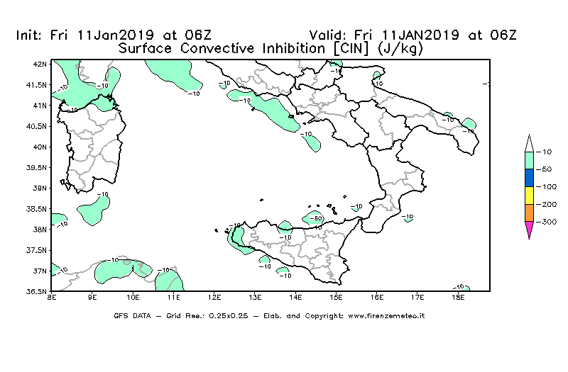 Mappa di analisi GFS - CIN [J/kg] in Sud-Italia
							del 11/01/2019 06 <!--googleoff: index-->UTC<!--googleon: index-->