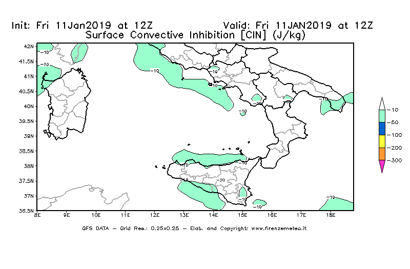 Mappa di analisi GFS - CIN [J/kg] in Sud-Italia
									del 11/01/2019 12 <!--googleoff: index-->UTC<!--googleon: index-->