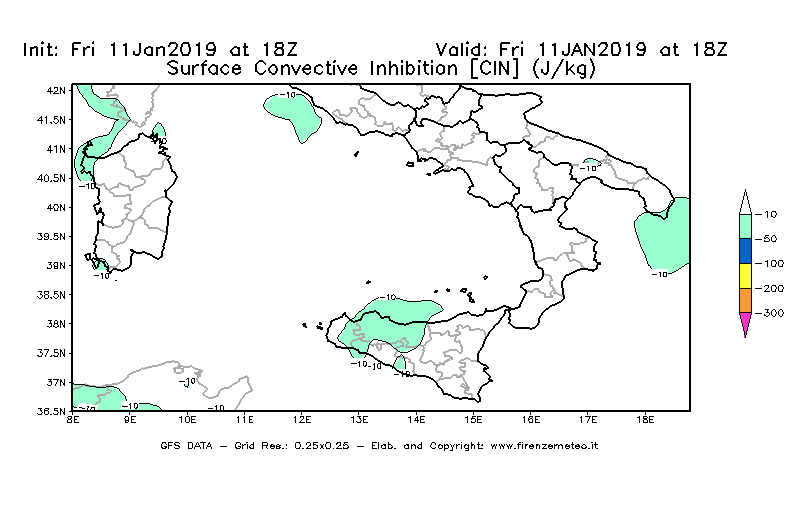 Mappa di analisi GFS - CIN [J/kg] in Sud-Italia
							del 11/01/2019 18 <!--googleoff: index-->UTC<!--googleon: index-->