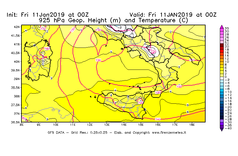 Mappa di analisi GFS - Geopotenziale [m] e Temperatura [°C] a 925 hPa in Sud-Italia
							del 11/01/2019 00 <!--googleoff: index-->UTC<!--googleon: index-->