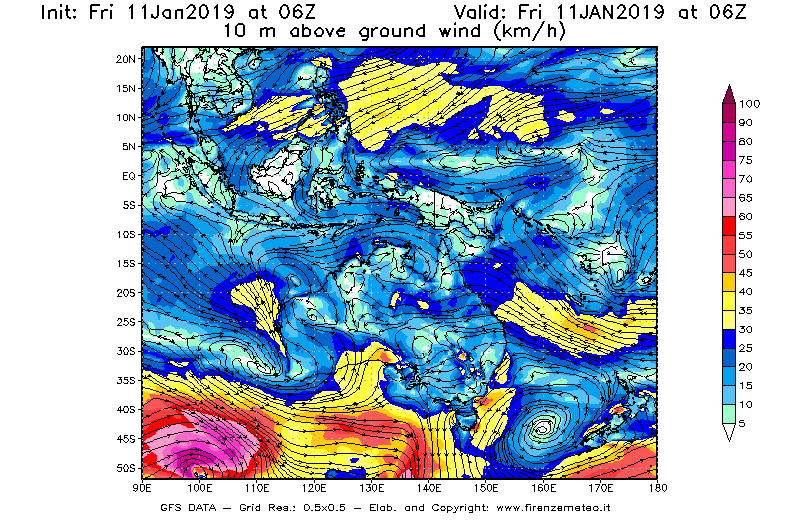 Mappa di analisi GFS - Velocità del vento a 10 metri dal suolo [km/h] in Oceania
									del 11/01/2019 06 <!--googleoff: index-->UTC<!--googleon: index-->