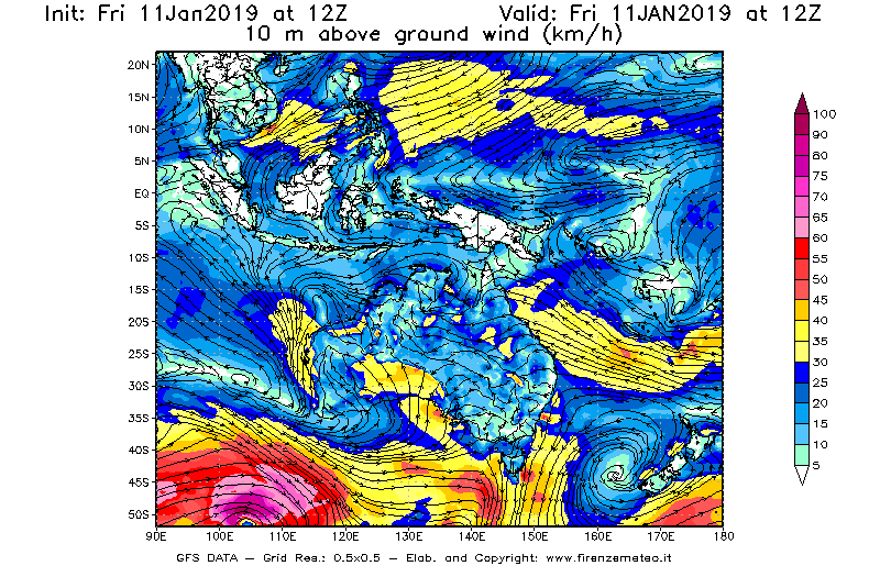 Mappa di analisi GFS - Velocità del vento a 10 metri dal suolo [km/h] in Oceania
							del 11/01/2019 12 <!--googleoff: index-->UTC<!--googleon: index-->