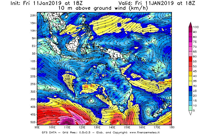 Mappa di analisi GFS - Velocità del vento a 10 metri dal suolo [km/h] in Oceania
							del 11/01/2019 18 <!--googleoff: index-->UTC<!--googleon: index-->