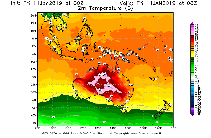 Mappa di analisi GFS - Temperatura a 2 metri dal suolo [°C] in Oceania
							del 11/01/2019 00 <!--googleoff: index-->UTC<!--googleon: index-->