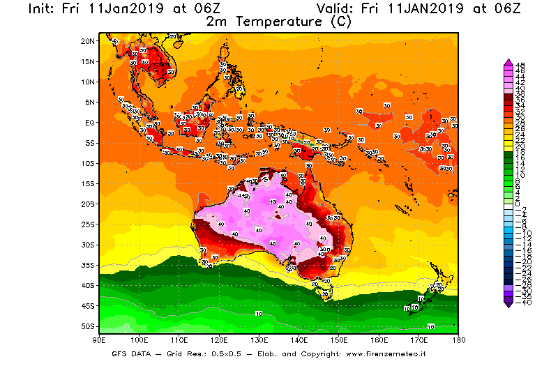 Mappa di analisi GFS - Temperatura a 2 metri dal suolo [°C] in Oceania
									del 11/01/2019 06 <!--googleoff: index-->UTC<!--googleon: index-->