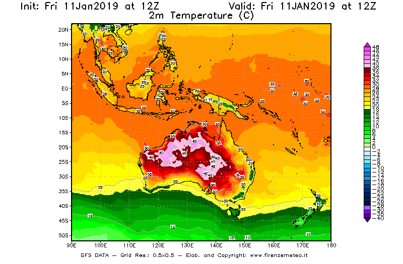 Mappa di analisi GFS - Temperatura a 2 metri dal suolo [°C] in Oceania
									del 11/01/2019 12 <!--googleoff: index-->UTC<!--googleon: index-->