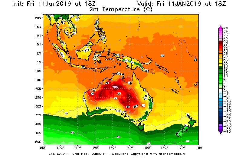 Mappa di analisi GFS - Temperatura a 2 metri dal suolo [°C] in Oceania
									del 11/01/2019 18 <!--googleoff: index-->UTC<!--googleon: index-->