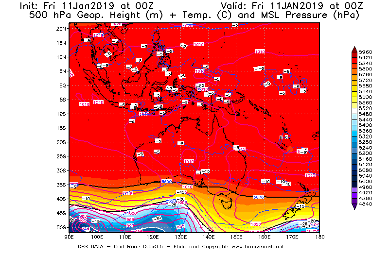 Mappa di analisi GFS - Geopotenziale [m] + Temp. [°C] a 500 hPa + Press. a livello del mare [hPa] in Oceania
							del 11/01/2019 00 <!--googleoff: index-->UTC<!--googleon: index-->