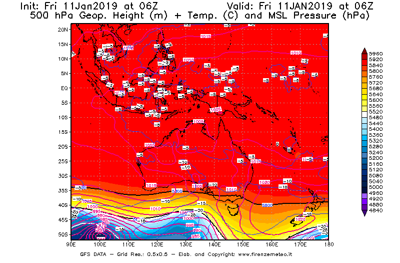 Mappa di analisi GFS - Geopotenziale [m] + Temp. [°C] a 500 hPa + Press. a livello del mare [hPa] in Oceania
							del 11/01/2019 06 <!--googleoff: index-->UTC<!--googleon: index-->