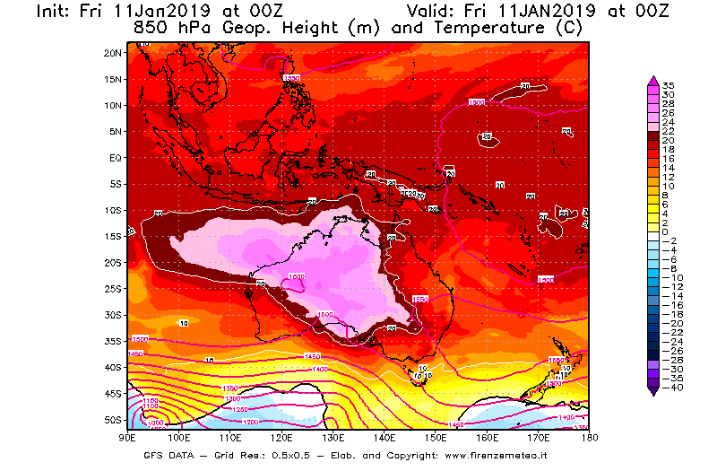 Mappa di analisi GFS - Geopotenziale [m] e Temperatura [°C] a 850 hPa in Oceania
									del 11/01/2019 00 <!--googleoff: index-->UTC<!--googleon: index-->