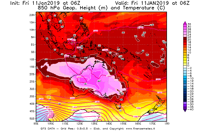 Mappa di analisi GFS - Geopotenziale [m] e Temperatura [°C] a 850 hPa in Oceania
									del 11/01/2019 06 <!--googleoff: index-->UTC<!--googleon: index-->