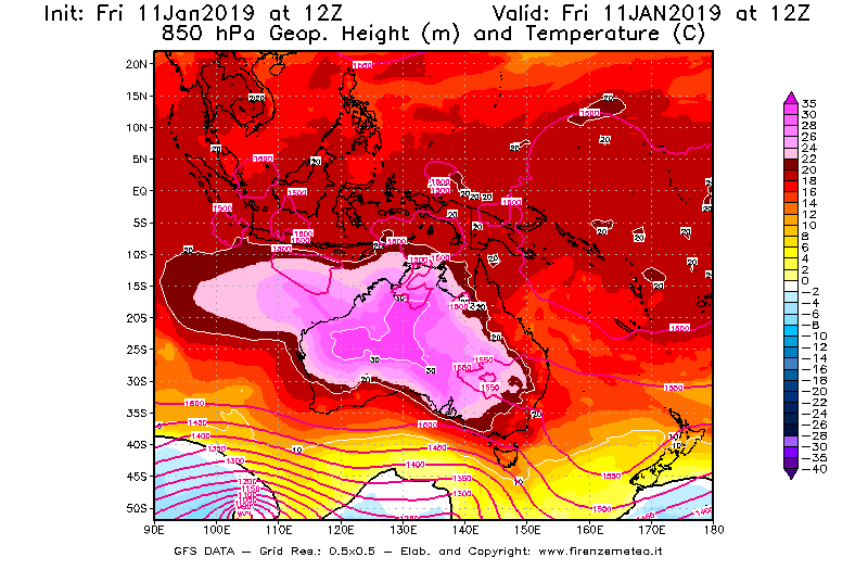 Mappa di analisi GFS - Geopotenziale [m] e Temperatura [°C] a 850 hPa in Oceania
							del 11/01/2019 12 <!--googleoff: index-->UTC<!--googleon: index-->