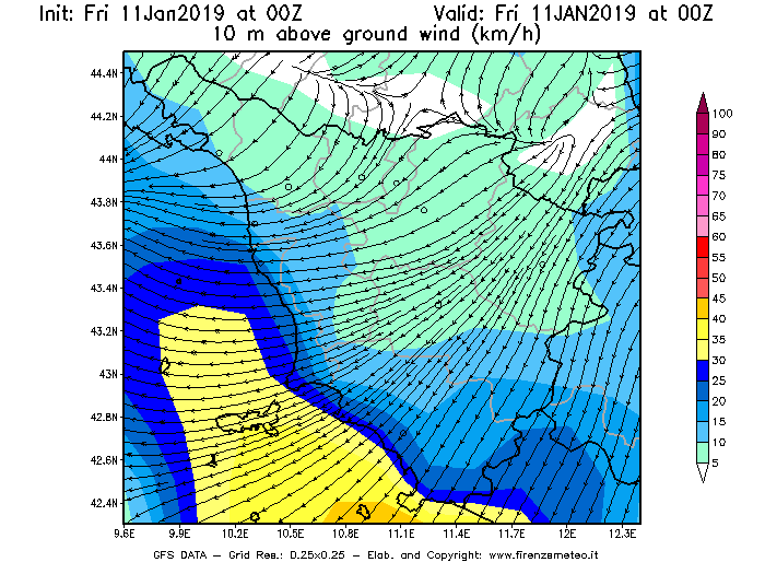 Mappa di analisi GFS - Velocità del vento a 10 metri dal suolo [km/h] in Toscana
							del 11/01/2019 00 <!--googleoff: index-->UTC<!--googleon: index-->