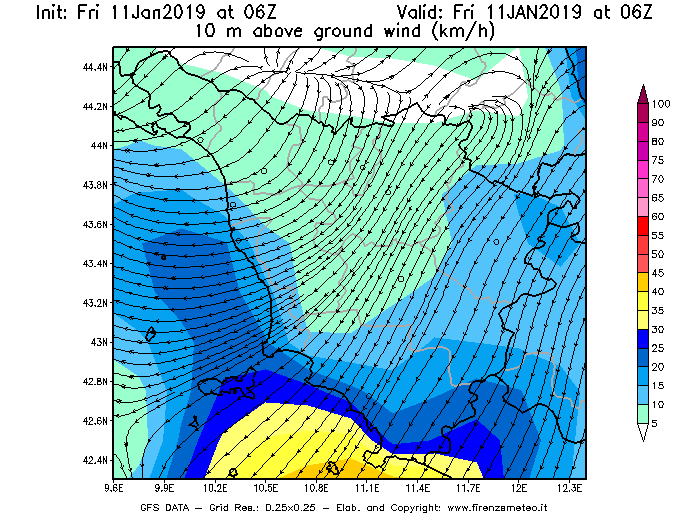 Mappa di analisi GFS - Velocità del vento a 10 metri dal suolo [km/h] in Toscana
							del 11/01/2019 06 <!--googleoff: index-->UTC<!--googleon: index-->