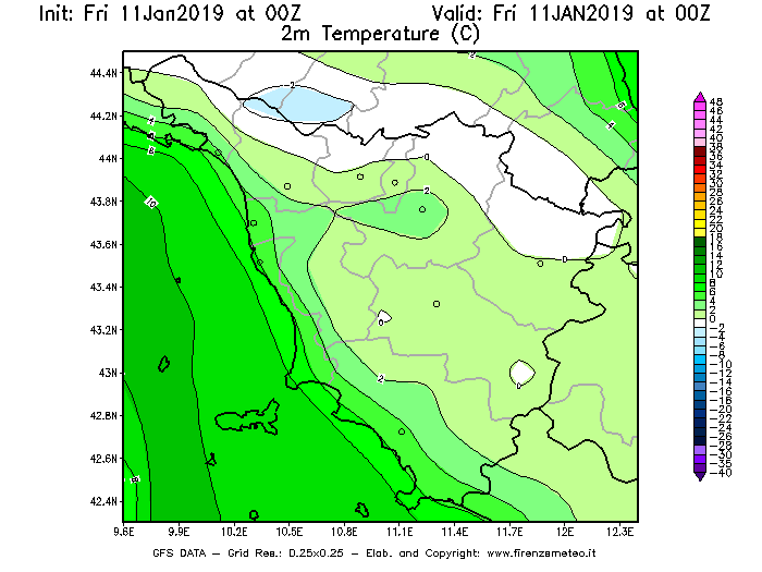 Mappa di analisi GFS - Temperatura a 2 metri dal suolo [°C] in Toscana
									del 11/01/2019 00 <!--googleoff: index-->UTC<!--googleon: index-->