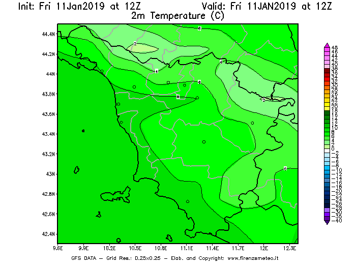 Mappa di analisi GFS - Temperatura a 2 metri dal suolo [°C] in Toscana
							del 11/01/2019 12 <!--googleoff: index-->UTC<!--googleon: index-->