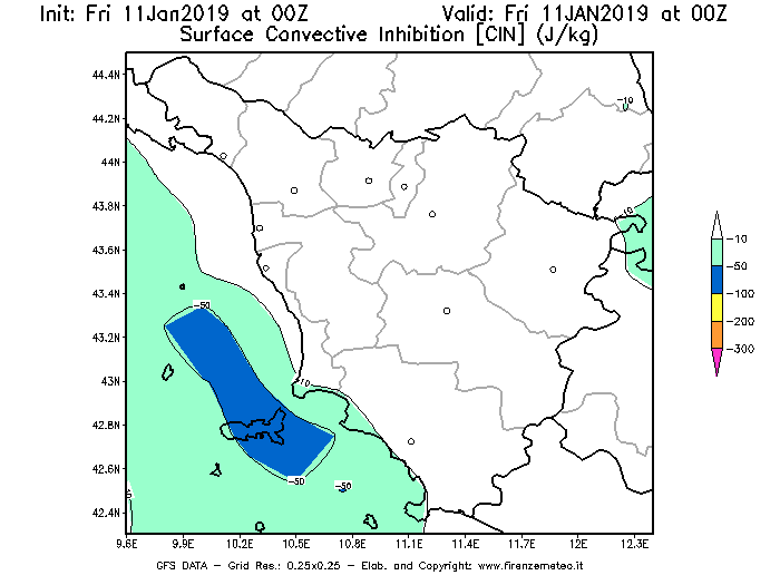 Mappa di analisi GFS - CIN [J/kg] in Toscana
							del 11/01/2019 00 <!--googleoff: index-->UTC<!--googleon: index-->