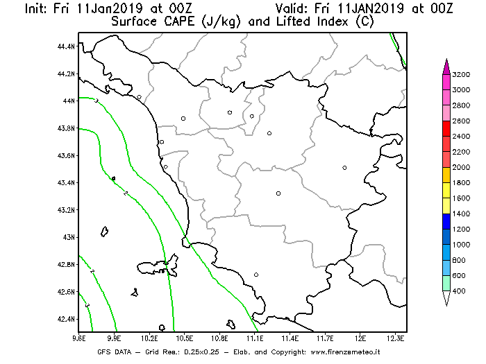 Mappa di analisi GFS - CAPE [J/kg] e Lifted Index [°C] in Toscana
									del 11/01/2019 00 <!--googleoff: index-->UTC<!--googleon: index-->