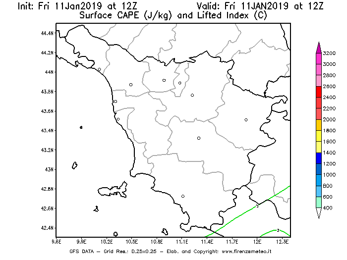 Mappa di analisi GFS - CAPE [J/kg] e Lifted Index [°C] in Toscana
							del 11/01/2019 12 <!--googleoff: index-->UTC<!--googleon: index-->