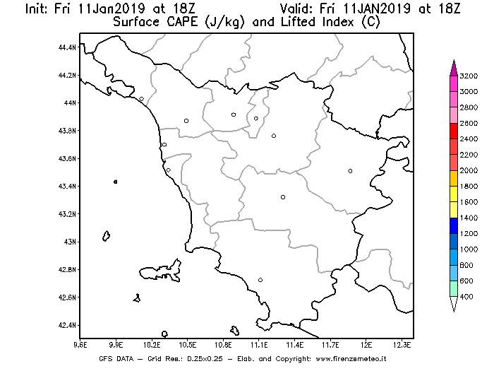 Mappa di analisi GFS - CAPE [J/kg] e Lifted Index [°C] in Toscana
							del 11/01/2019 18 <!--googleoff: index-->UTC<!--googleon: index-->