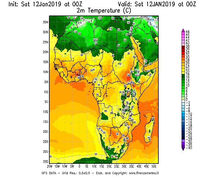 Mappa di analisi GFS - Temperatura a 2 metri dal suolo [°C] in Africa
									del 12/01/2019 00 <!--googleoff: index-->UTC<!--googleon: index-->