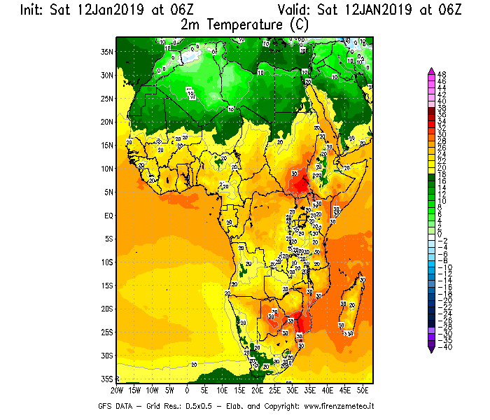 Mappa di analisi GFS - Temperatura a 2 metri dal suolo [°C] in Africa
							del 12/01/2019 06 <!--googleoff: index-->UTC<!--googleon: index-->