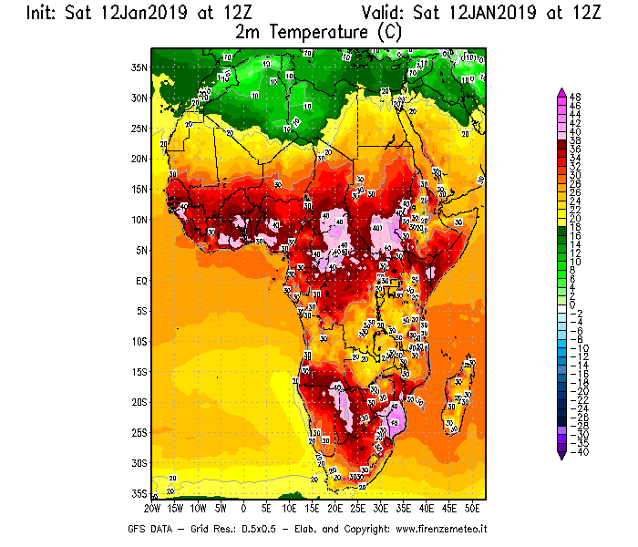 Mappa di analisi GFS - Temperatura a 2 metri dal suolo [°C] in Africa
							del 12/01/2019 12 <!--googleoff: index-->UTC<!--googleon: index-->