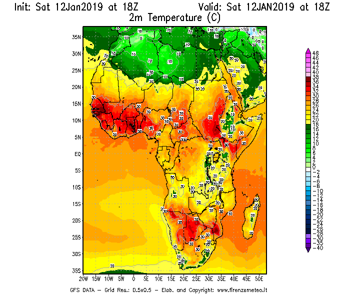 Mappa di analisi GFS - Temperatura a 2 metri dal suolo [°C] in Africa
									del 12/01/2019 18 <!--googleoff: index-->UTC<!--googleon: index-->